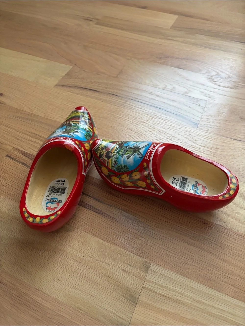 Kids Red Holland Wooden Clogs with Windmill Artwork